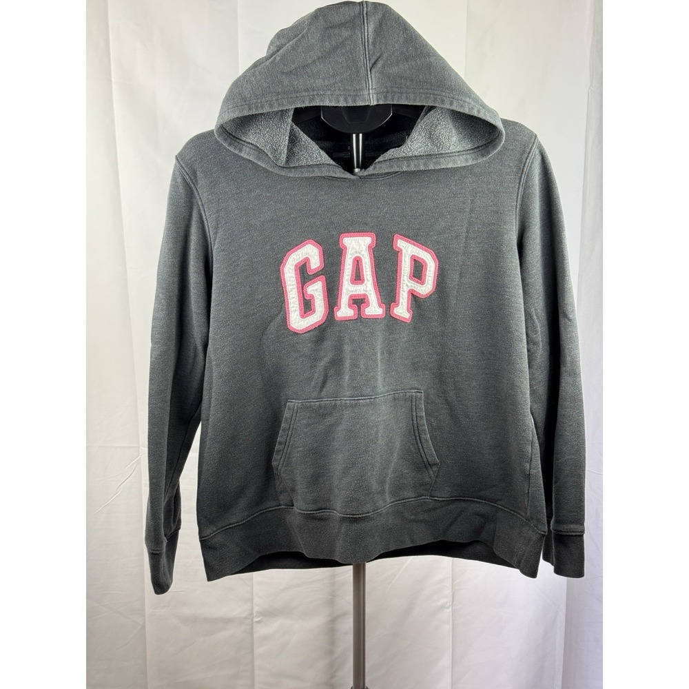GAP Girls Hoodie XL 12 14 Gray Pink Logo Pullover Fleece Sweatshirt